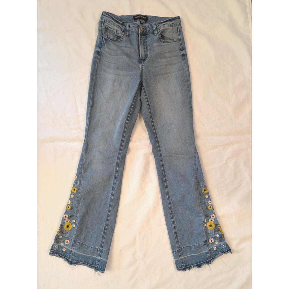 Y2K Boho Embroidered Sunflower Jeans Ashley Mason Womens 7/28 Raw Hem